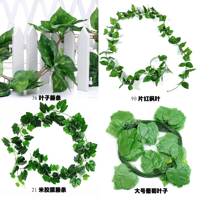 Hoja de uva artificial plástico hoja perenne vid hoja artificial decoración del techo hoja verde ratán artificial ratán vid