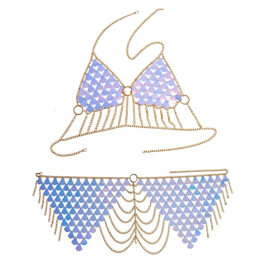 Cadena de pecho sexy de verano con diseño de escamas de pez para mujer, cadena corporal sin espalda, conjunto de cadena corporal con lentejuelas estilo europeo y americano.