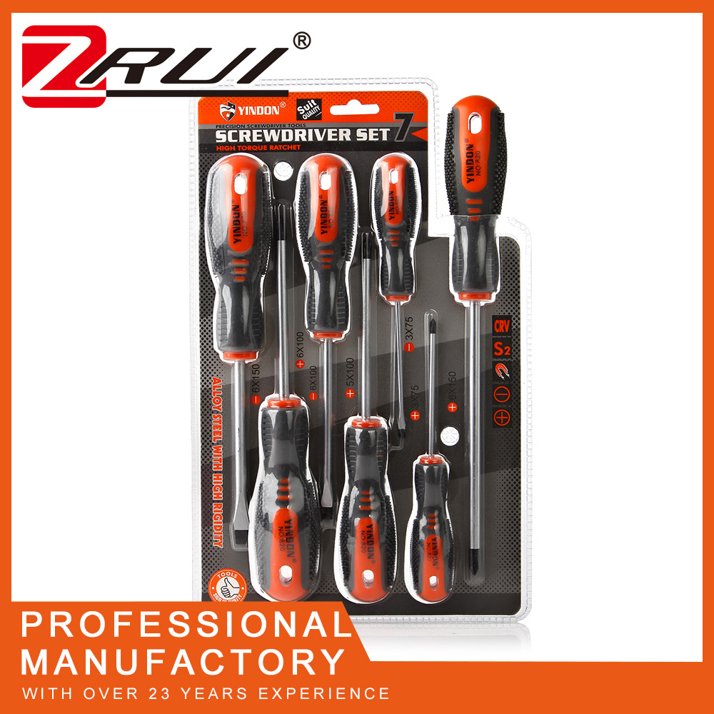 7PC de alta frecuencia de doble burbuja multi-Especificación de tres colores masaje mango destornillador de línea cruzada industrial conjunto de mantenimiento del hogar