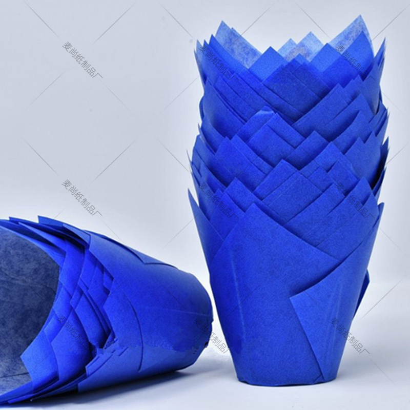 Europeo de papel azul tulipán pastel de papel taza de papel pan titular Cupcake hornear taza de papel llama muffin taza de papel