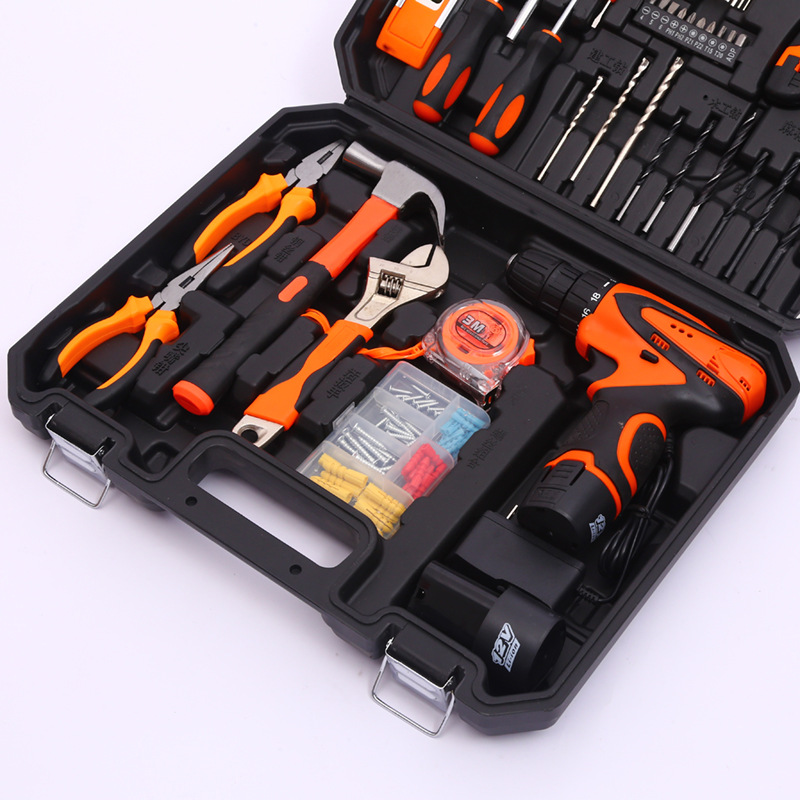 Herramientas de hardware Traje de taladro eléctrico de litio Caja de herramientas de mantenimiento de electricista Combinación multifuncional conjunto de herramientas de reparación del hogar