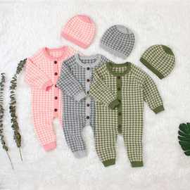婴儿服童装秋季针织毛衣纯棉连体哈衣保暖帽套装新生儿棉线爬服