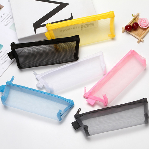 Triangular pen bag Korean simple pencil bag transparent mesh grid exam pencil bag men's large-capacity stationery storage box