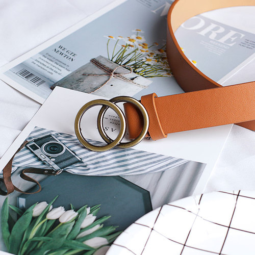 Cross-border bronze round buckle women's belt, European and American fashion versatile decorative belt, retro trendy simple women's belt