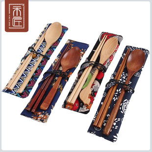 One Wood One Carpenter Japanese Style Portable Chopsticks Spoon Set Outdoor Travel Office Works' Carrying Tableware Gifts
