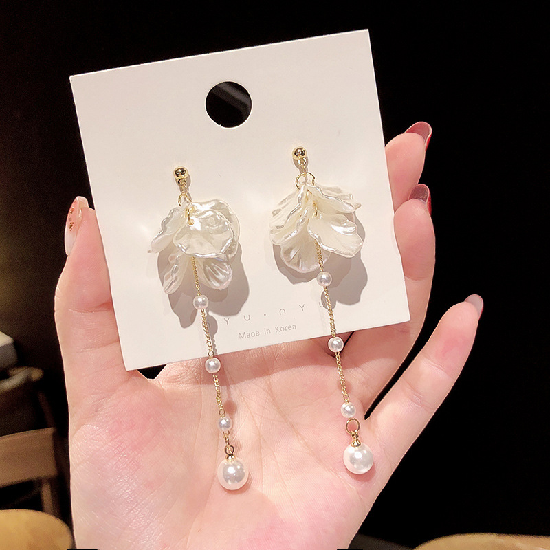 925 silver needle Korea Dongdaemun shell petal earrings women's long temperament pearl earrings earrings factory direct sales