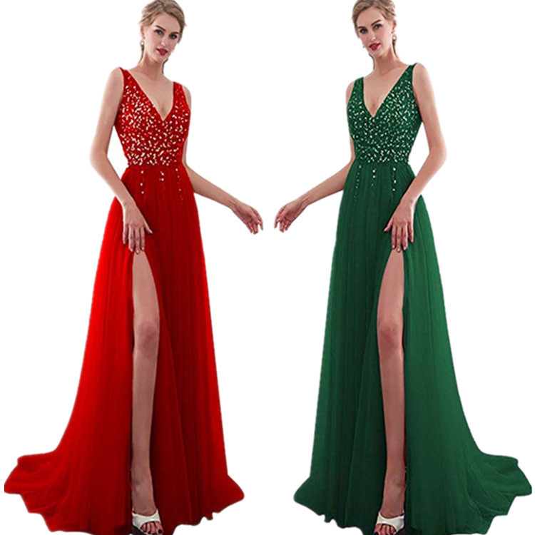 Vestido largo de noche con lentejuelas, abertura, escote en V pronunciado y espalda descubierta, estilo celebridad, de la nueva colección europea y americana de Amazon para mujer, 2025.