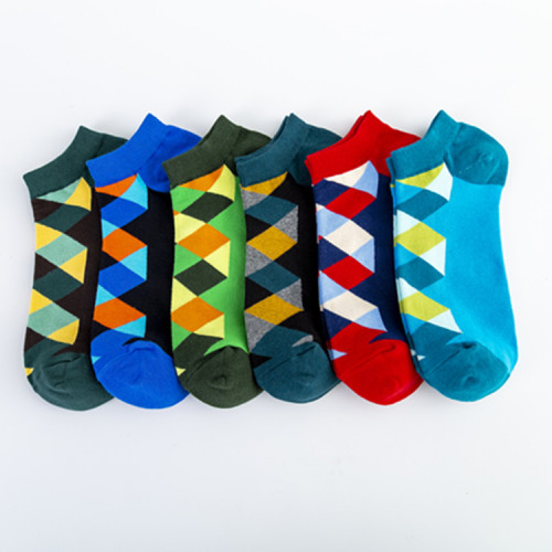 Cross-border new fashion colorful boat socks with 6 colors and diamond patterns, wholesale happy casual boat socks