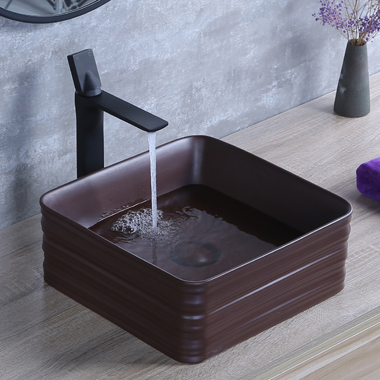 Lavabo cuadrado de cerámica Hengying, color café oscuro, esmaltado, estilo moderno, directamente del fabricante.