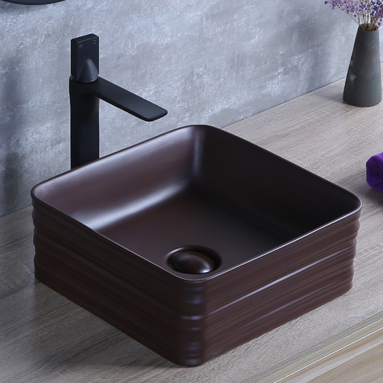 Lavabo cuadrado de cerámica Hengying, color café oscuro, esmaltado, estilo moderno, directamente del fabricante.