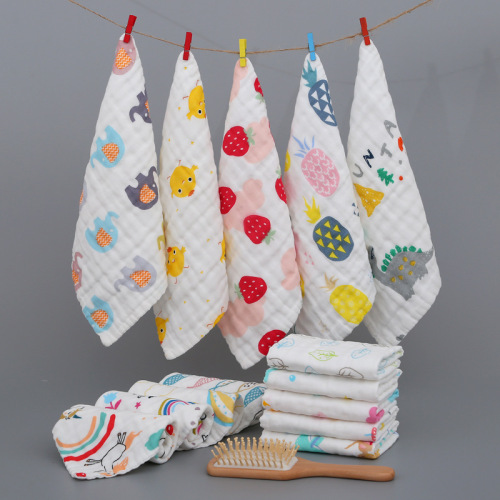 Six-layer pure cotton square towel, cotton gauze saliva towel, high-density cartoon small towel, printed handkerchief, infant face towel