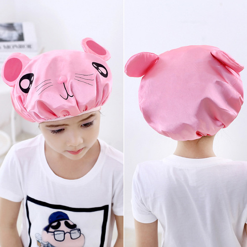 Cartoon shower cap double layer creative waterproof satin cute shampoo cap children's shower cap head cover peva shower cap
