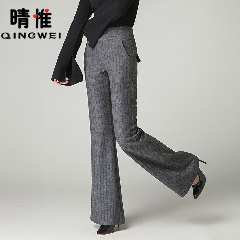 2019秋冬新款大码休闲裤保暖毛呢喇叭裤女款时尚条纹阔腿裤