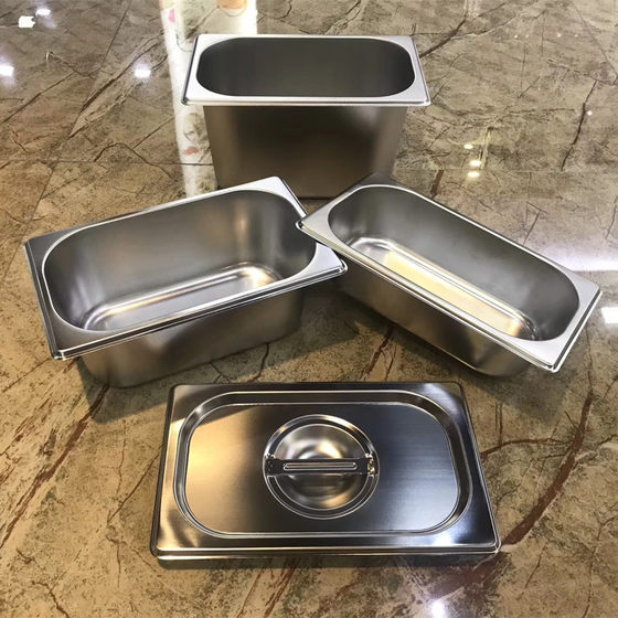 Factory wholesale 304 stainless steel parts basin rectangular fraction plate buffet insulation table with lid stainless steel basin