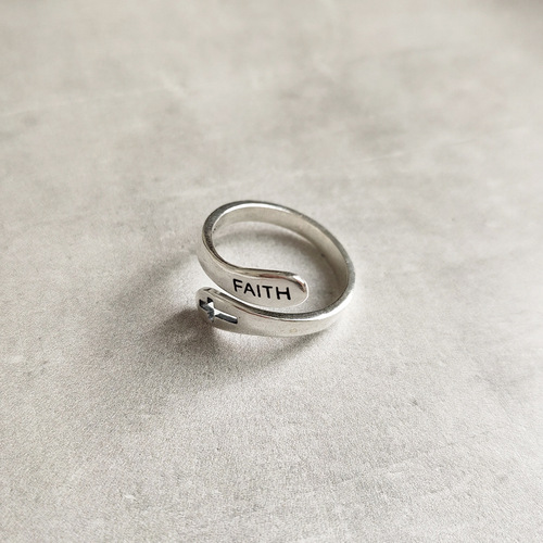 European and American minimalist and versatile trendy Internet celebrity 925 sterling silver FAITH faith cross ring Japanese and Korean ring index finger
