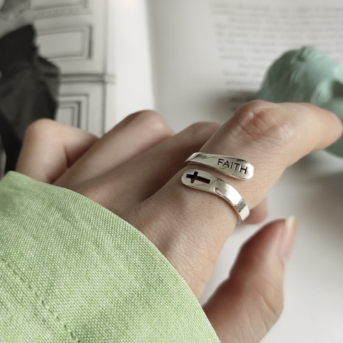 European and American minimalist and versatile trendy Internet celebrity 925 sterling silver FAITH faith cross ring Japanese and Korean ring index finger
