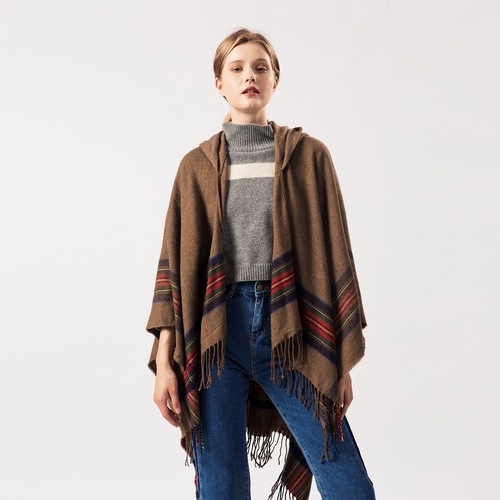 European and American women's thickened colorful striped imitation cashmere jacquard shawl can be worn to keep warm and lengthen the fashionable hooded cloak.