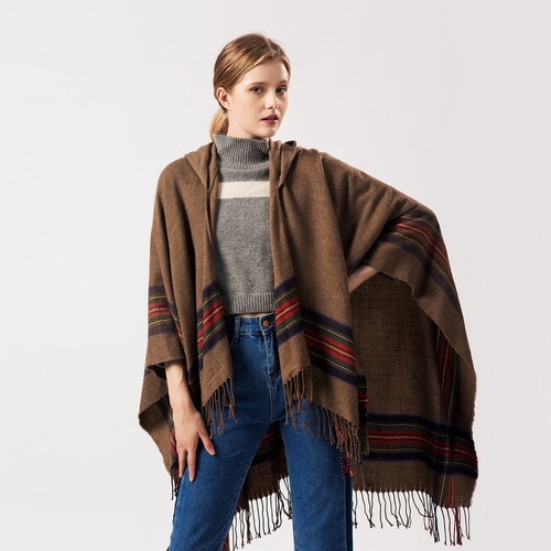 European and American women's thickened colorful striped imitation cashmere jacquard shawl can be worn to keep warm and lengthen the fashionable hooded cloak.