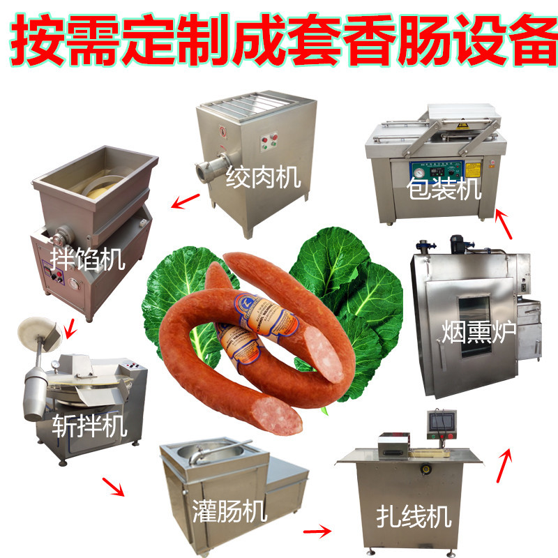 云南小甜肠成套设备 香肠加工成套机器厂家提供工艺配方 烤肠机