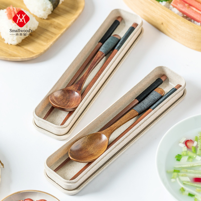 @ Xiao Mu Xian Japanese portable boxed wooden spoon chopsticks natural environment-friendly carved tableware chopsticks spoon suit ins