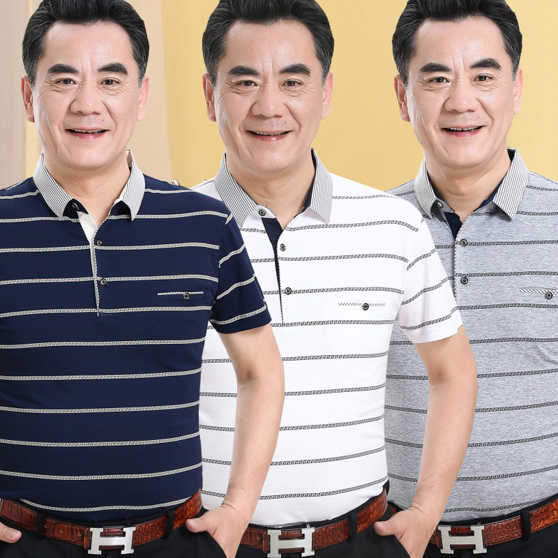2024 New Style Dad Clothing for Middle-Aged and Elderly People, Pure Cotton Polo Shirt, Pure Color Mercerized Cotton, Middle-Aged Men's Short-Sleeved T-Shirt