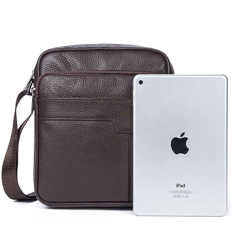 Túi đeo chéo nam da bò thật lớp đầu , túi đeo vai nhỏ gọn đựng vừa iPad 10 inch — Cà phê, Màu đen