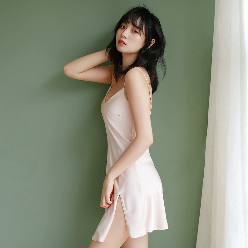 Слинг Ночная рубашка Дамы Лето спиннинг шелковые пижамы сексуальный Сплит кокетливая атласная Домашняя одежда можно носить оптом