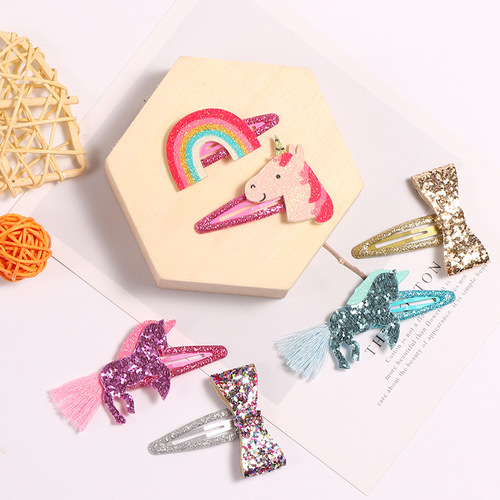 90511 New Sequined Greet Hair Clip Unicorn Bow Rainbow Water Drop Clip Sweet Children's Pair Clip