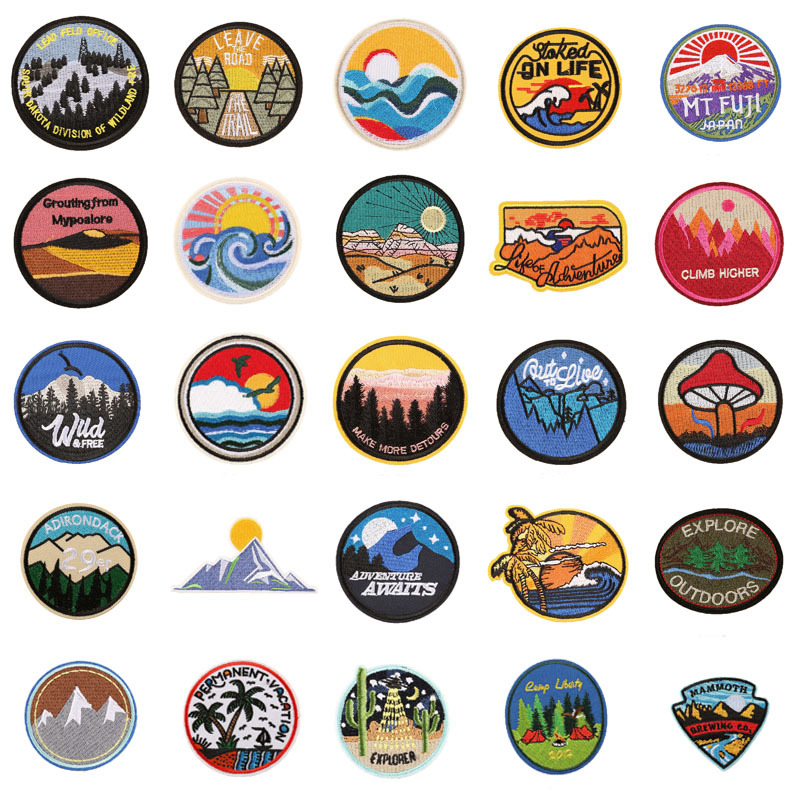 圆形风景海边日落日出刺绣补丁布贴衣服辅料T恤胸贴包包鞋子装饰