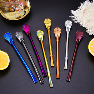 Amazon 304 Stainless Steel Suction Spoon Coffee Milk Tea Juice Straw Mate Tea Dual-purpose Filter Spoon Stirring Rod