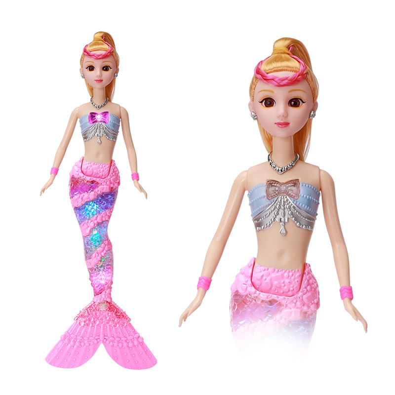 Fábrica al por mayor nuevos niños sirena juguete música ligera sirena princesa Barbie muñeca traje caja de regalo