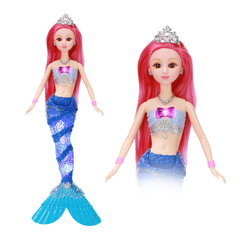 Fábrica al por mayor nuevos niños sirena juguete música ligera sirena princesa Barbie muñeca traje caja de regalo