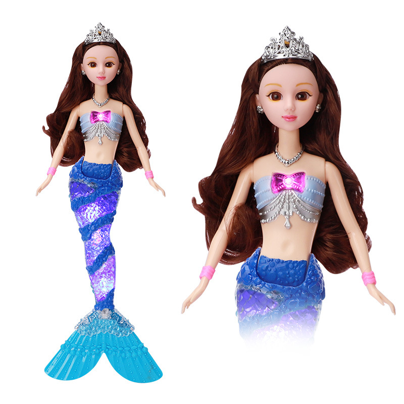 Fábrica al por mayor nuevos niños sirena juguete música ligera sirena princesa Barbie muñeca traje caja de regalo