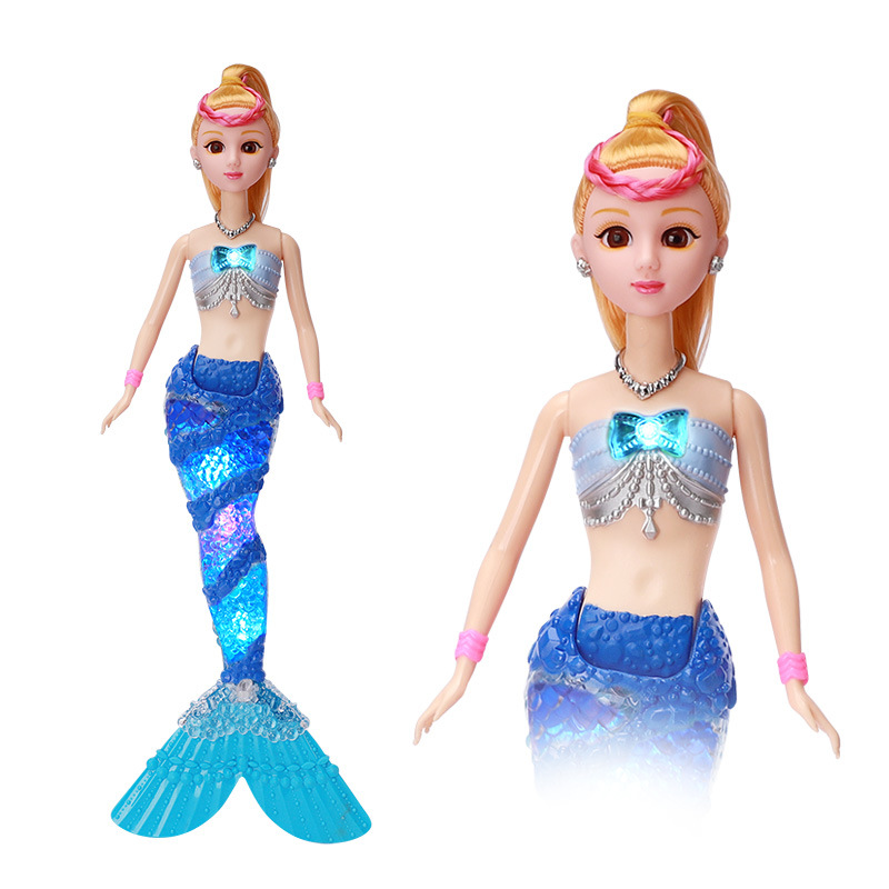 Fábrica al por mayor nuevos niños sirena juguete música ligera sirena princesa Barbie muñeca traje caja de regalo
