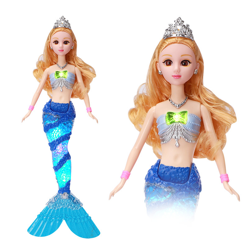 Fábrica al por mayor nuevos niños sirena juguete música ligera sirena princesa Barbie muñeca traje caja de regalo
