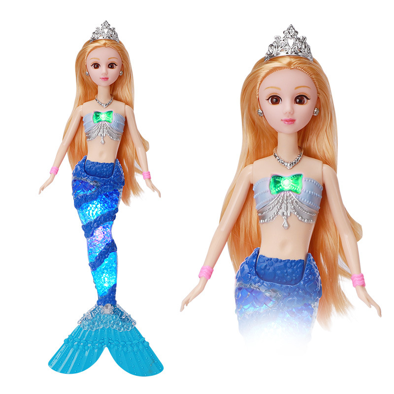 Fábrica al por mayor nuevos niños sirena juguete música ligera sirena princesa Barbie muñeca traje caja de regalo