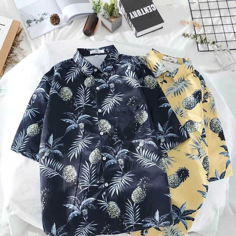 South Korea Vintage Leaves Pineapple Floral Couple Short-sleeved Shirt Summer All-match Unisex Beach Seaside Shirt