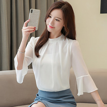 实拍喇叭袖纯色雪纺衫女衬衫夏季韩版宽松五分袖打底衫上衣显瘦
