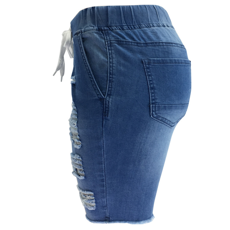 Shorts de Mezclilla Azul de Lavado Medio, Elásticos, de Cintura Media, Rotos, Estilo Europeo y Americano, Primavera 2025