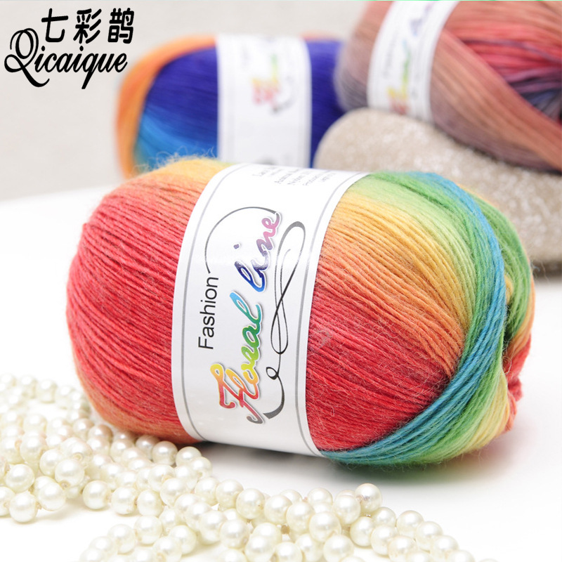 厂家批发彩虹色毛线长段染衣服外套羊毛线升级版彩色渐变色毛线