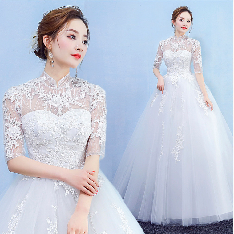 2025 European and American New Bridal Wedding Dress Mid-sleeve Double Shoulder Lace off-shoulder Wedding Dress Floor-length Pregnant Women Slim-fit Slimming