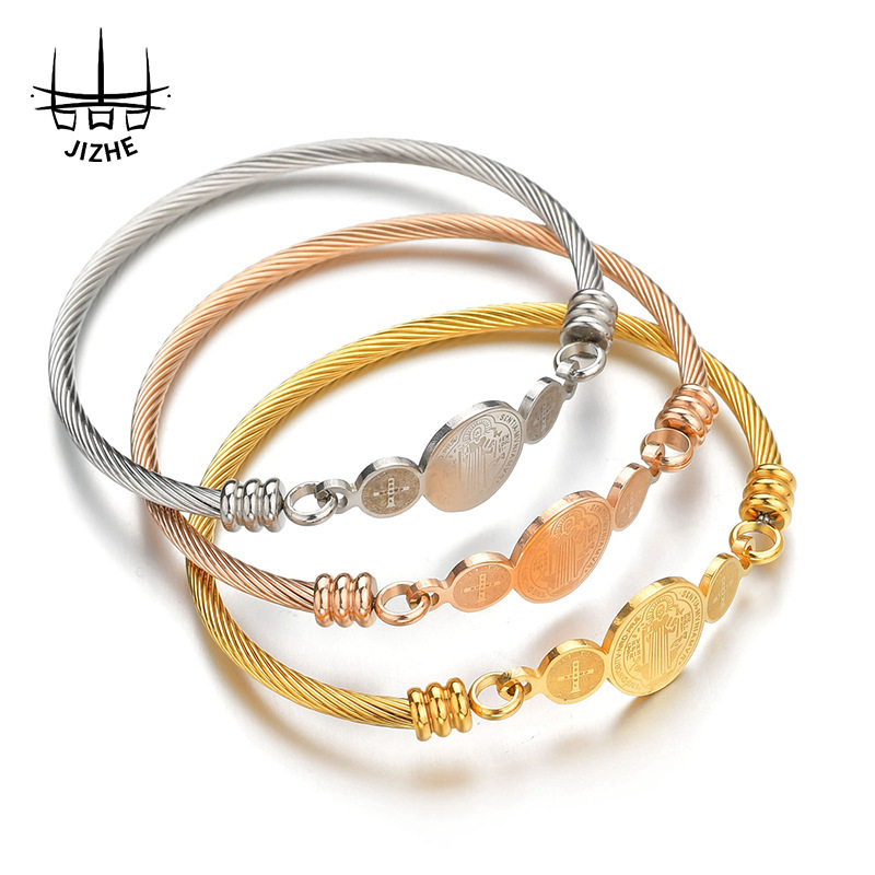 European and American Retro Popular Three-Color Saint-Ten Nick Portrait Round Brand Steel Wire Hook Bracelet Women's Stainless Steel Bracelet