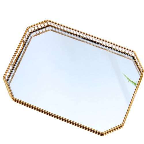 European light luxury glass mirror tray metal storage living room coffee table water cup tea tray model room decoration fruit plate