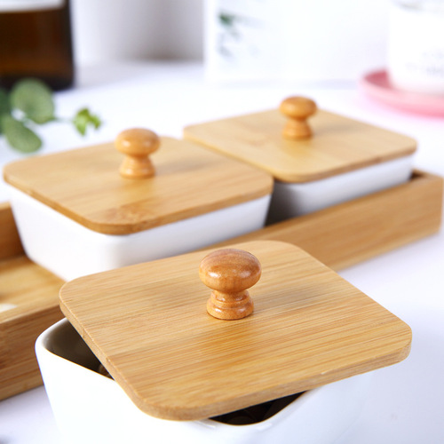 Ceramic Bamboo Wood Dry Fruit Nut Tray Divided with Lid Candy Melon Seed Box Living Room Snack Plate Wooden