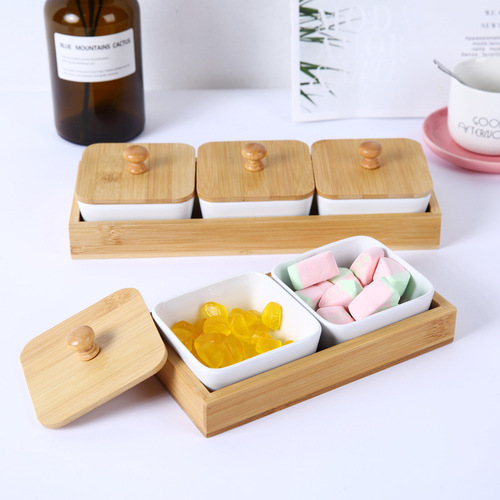Ceramic Bamboo Wood Dry Fruit Nut Tray Divided with Lid Candy Melon Seed Box Living Room Snack Plate Wooden
