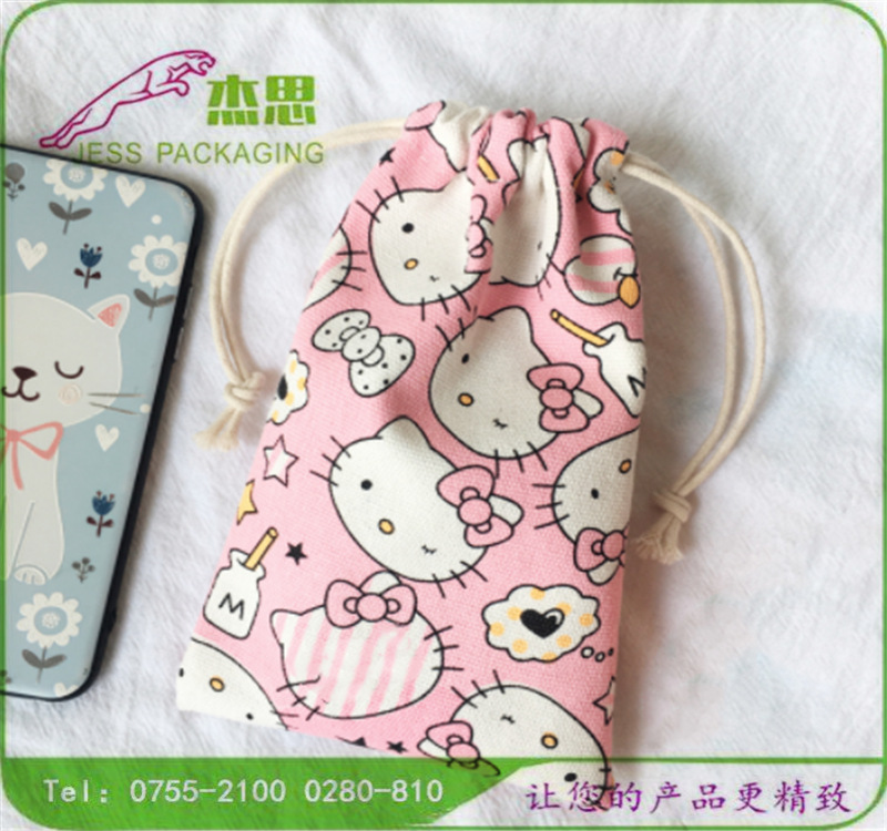 设计新款棉布印花卡通玩具收纳包手机零钱抽绳束口袋量大从优