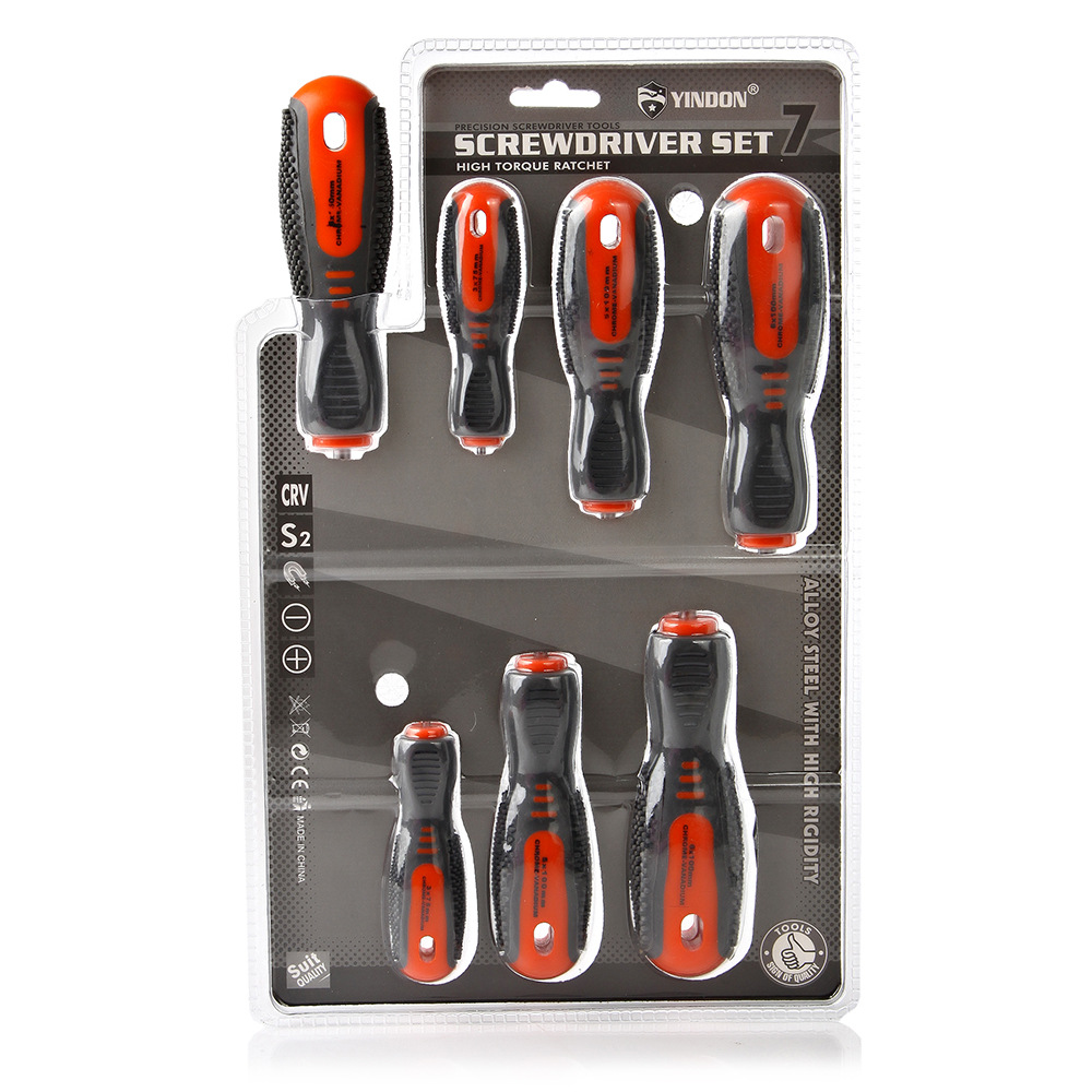 7PC de alta frecuencia de doble burbuja multi-Especificación de tres colores masaje mango destornillador de línea cruzada industrial conjunto de mantenimiento del hogar