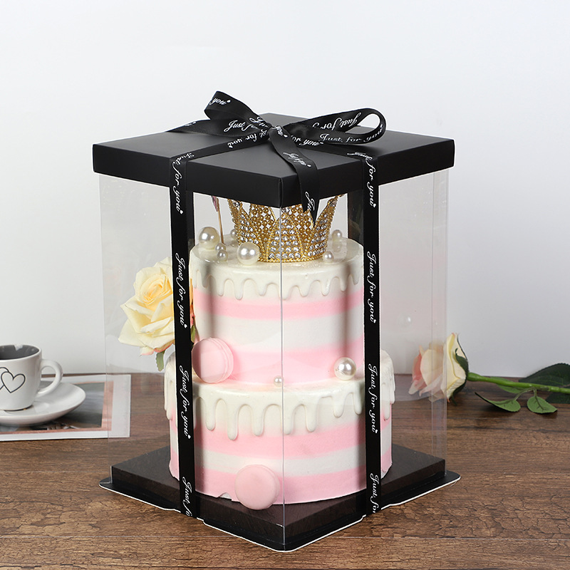 4寸方形礼品小熊包装盒 特高三合一透明生日蛋糕盒 现货批发