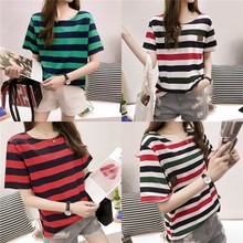 批发2022夏季韩版条纹短袖t恤女士宽松衣服上衣女装一件代发圆领