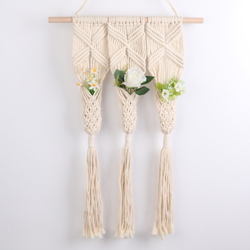 European style cotton rope with wooden stick flowerpot net bag Bohemian style hand-woven hanging basket multi-color hanging rope wholesale
